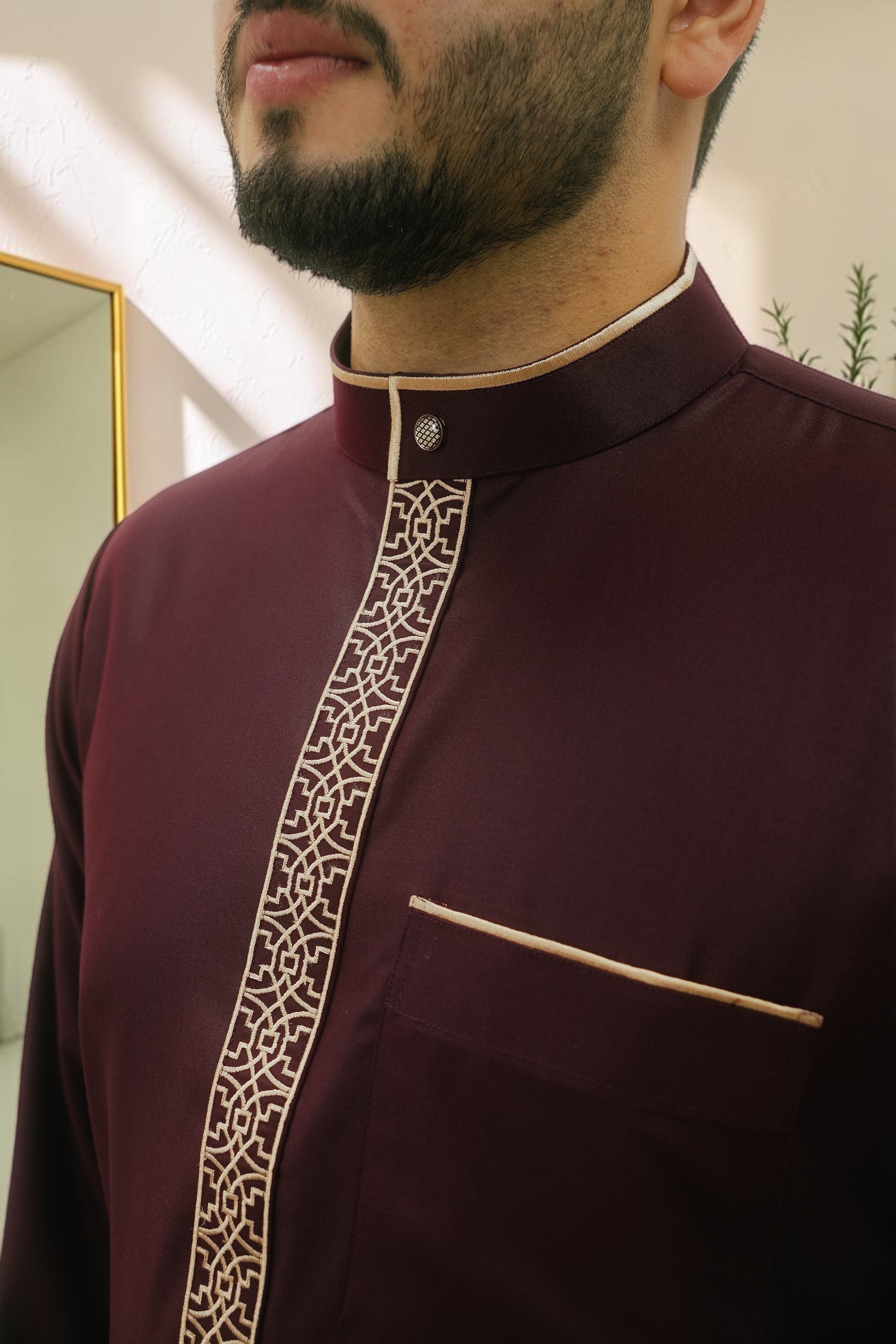 Maroon executive thobe with bronze embroidery for men, another view of the full length