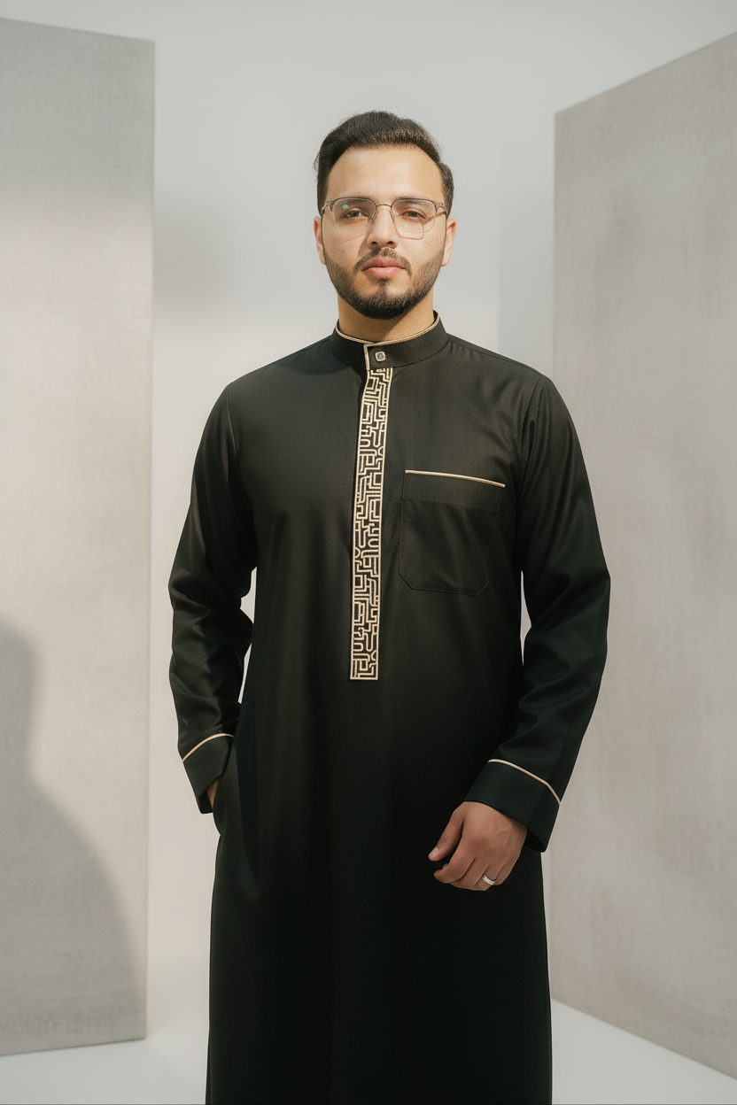 Men's Black & Gold Embroidered Thobe – Mandarin Collar