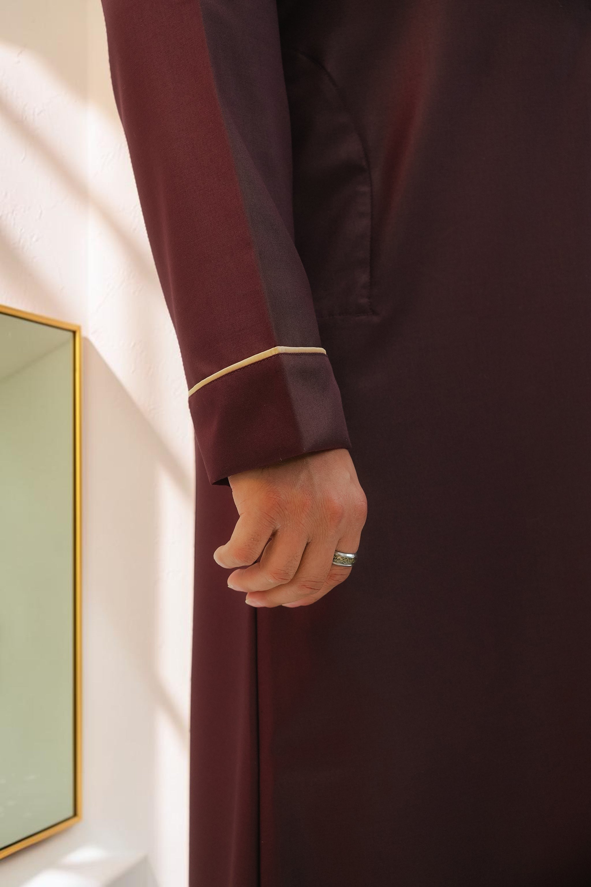 Maroon executive thobe with bronze embroidery for men, a further look at the fit