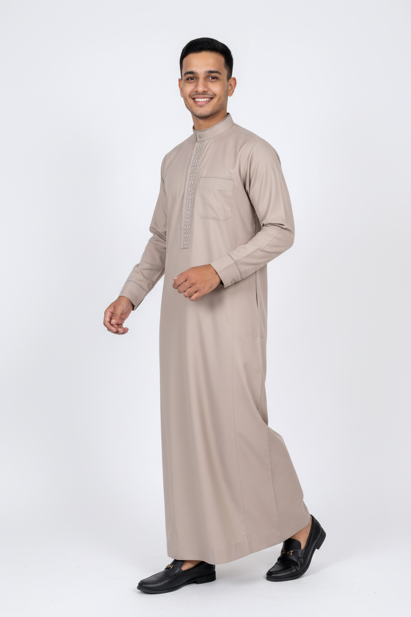 Warm Linen Geometric Embroidered Thobe | Men's Mandarin Collar Jubba