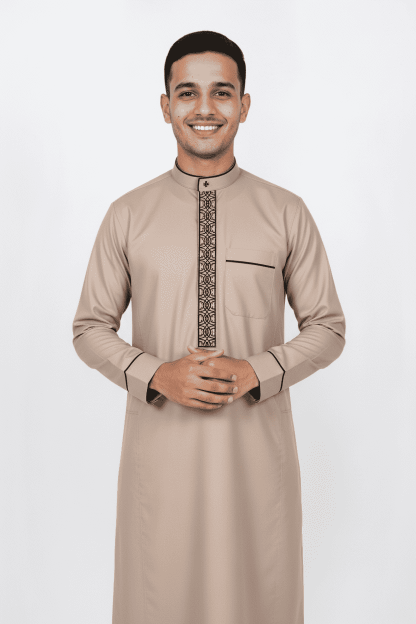 Men's sand beige honeycomb textured thobe, front view