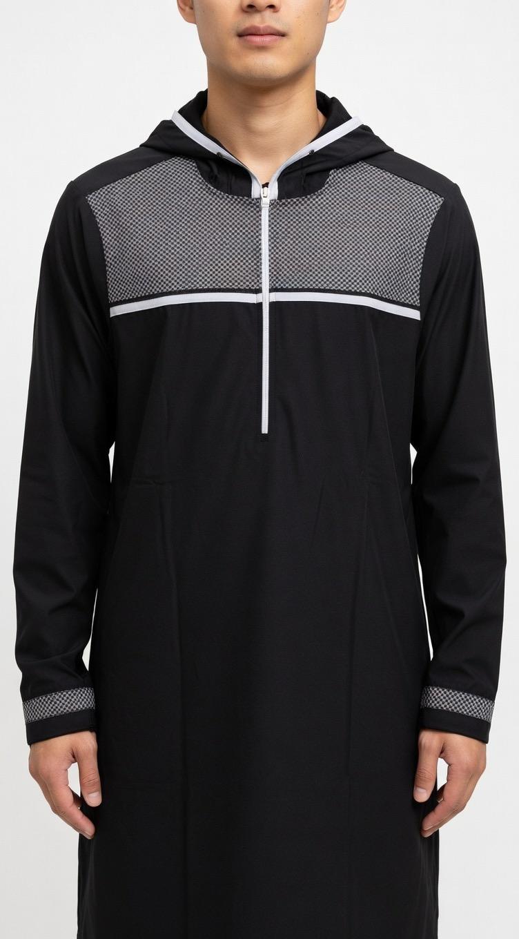 Black Geometric Panel Hooded Men's Thobe | Modern Athletic Jubba