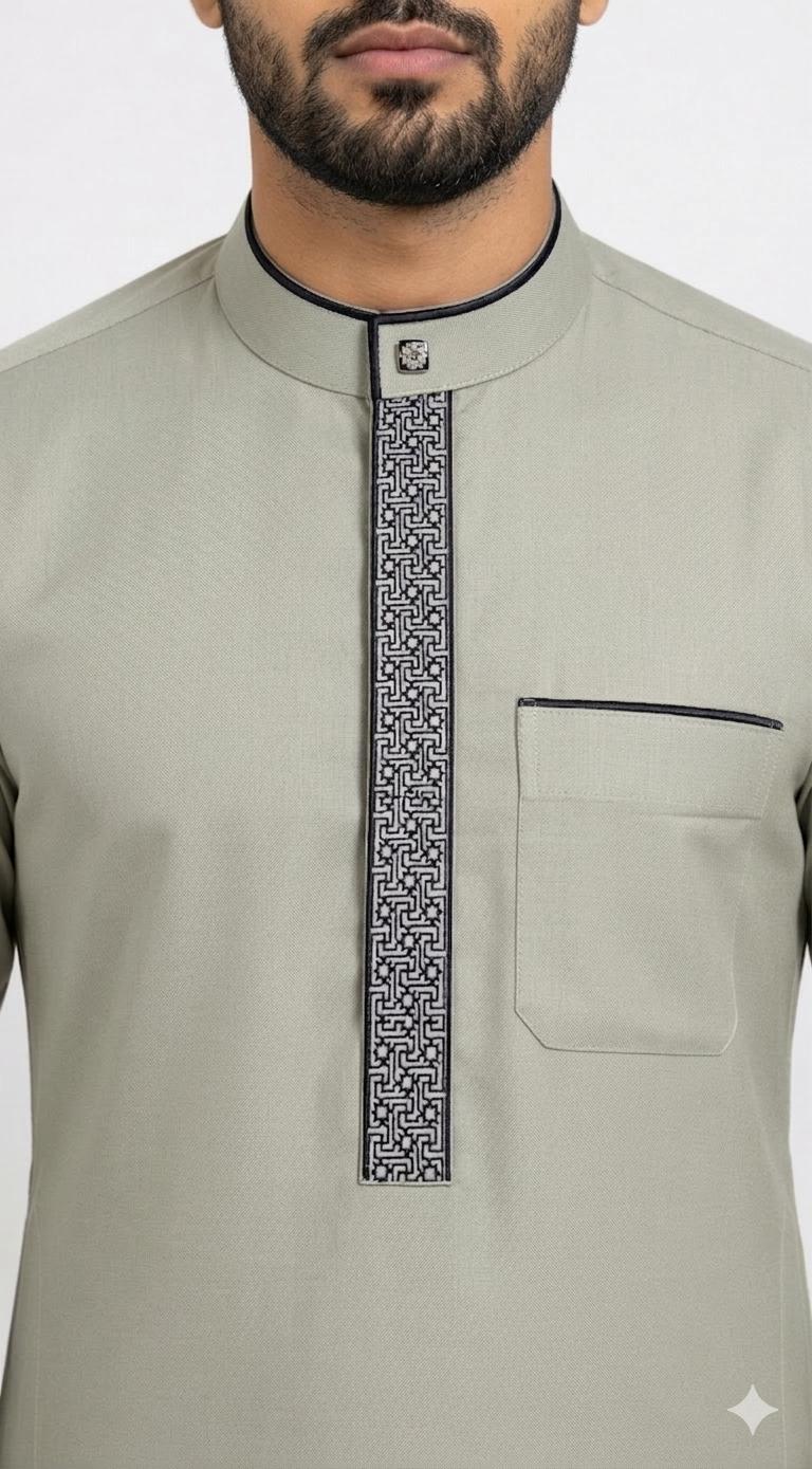 Premium Sage Green Embroidered Men's Thobe | Formal Jubba