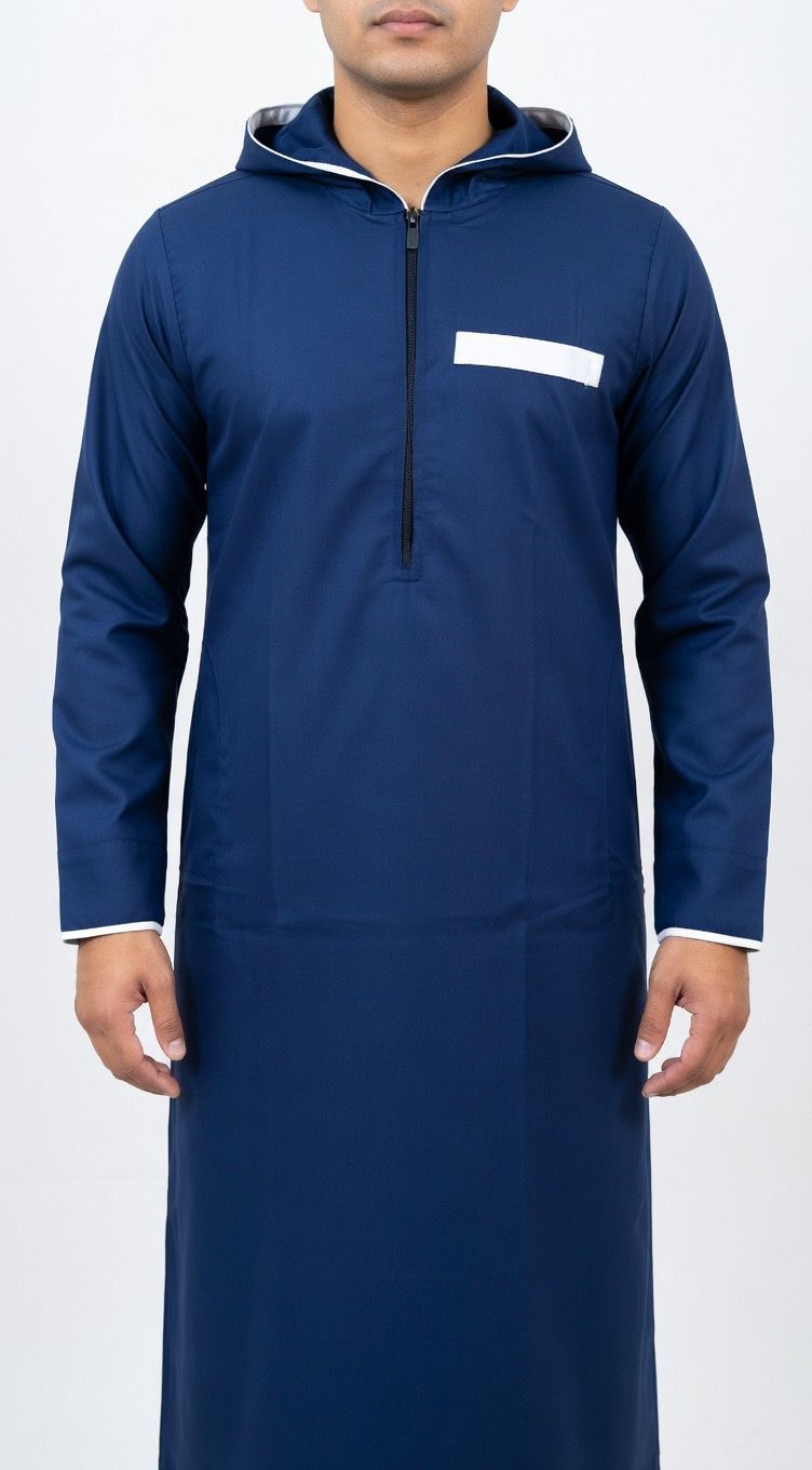 Premium Navy Blue Hooded Men's Thobe | Sporty Half-Zip Jubba