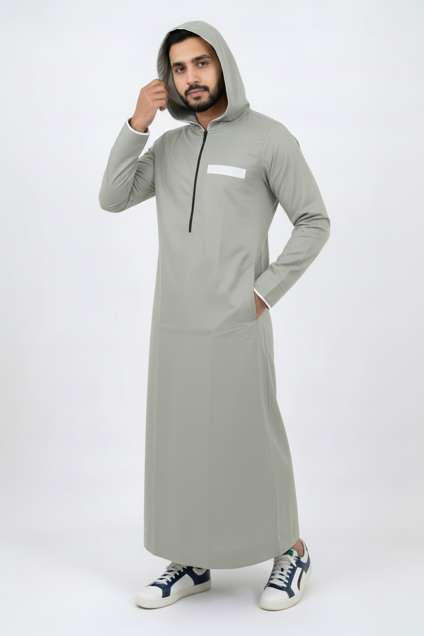 Premium Sage Green Hooded Men's Thobe | Sporty Half-Zip Jubba