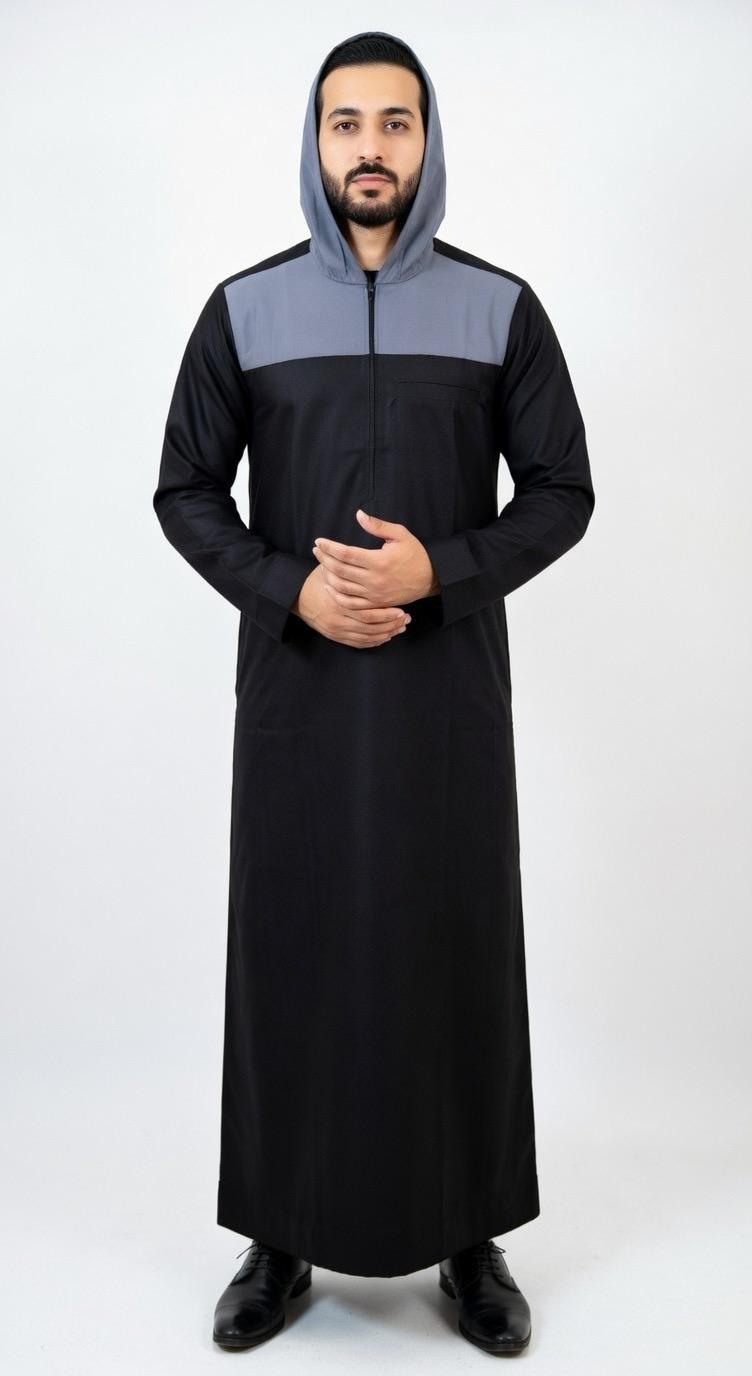 Black & Grey Color Block Hooded Men's Thobe | Sporty Casual Jubba