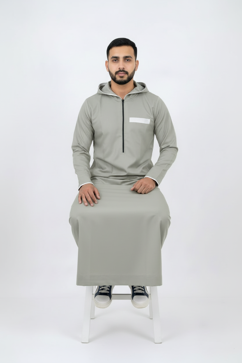 Premium Sage Green Hooded Men's Thobe | Sporty Half-Zip Jubba