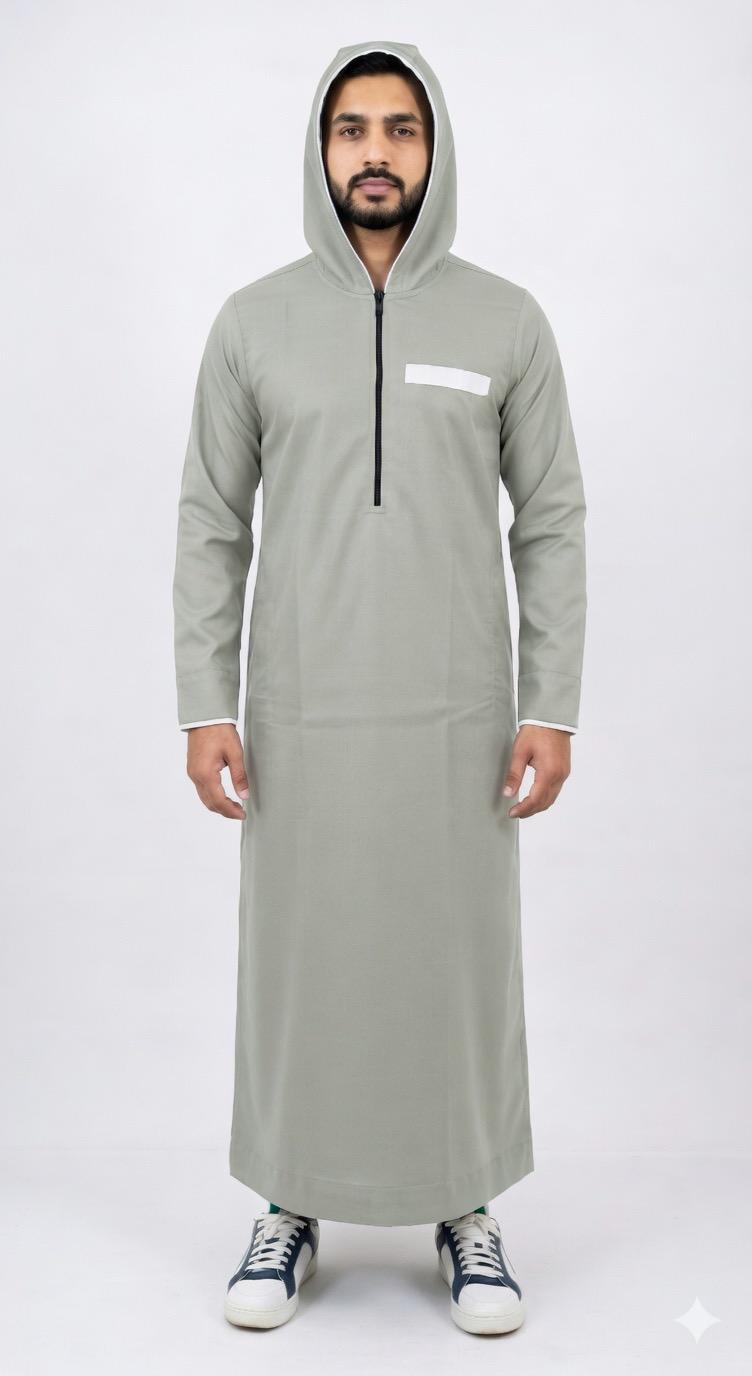 Premium Sage Green Hooded Men's Thobe | Sporty Half-Zip Jubba