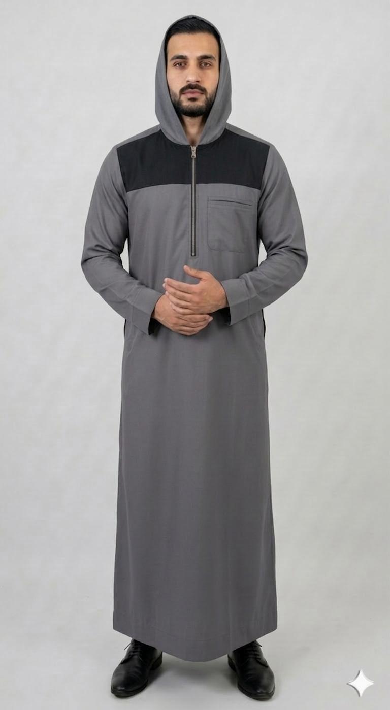Gray & Charcoal Color Block Hooded Men's Thobe | Sporty Casual Jubba
