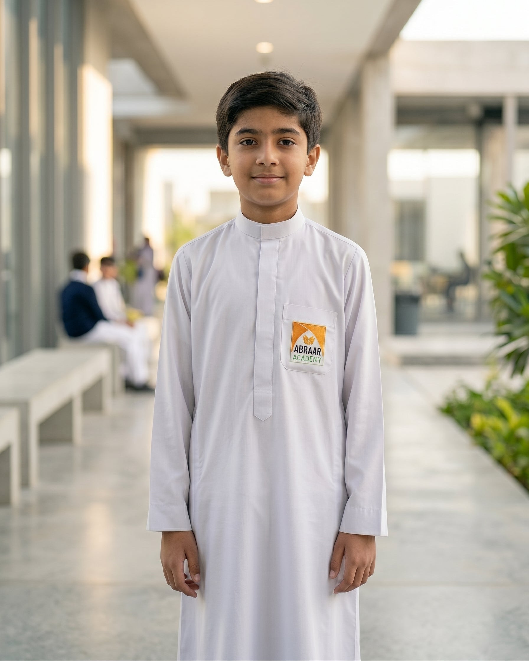 Official Abraar Academy boys' white uniform thobe, Islamic school uniform for boys, durable white jubbah with school logo, everyday school wear, neat traditional student attire, comfortable Muslim kids clothing, school uniform for boys USA.