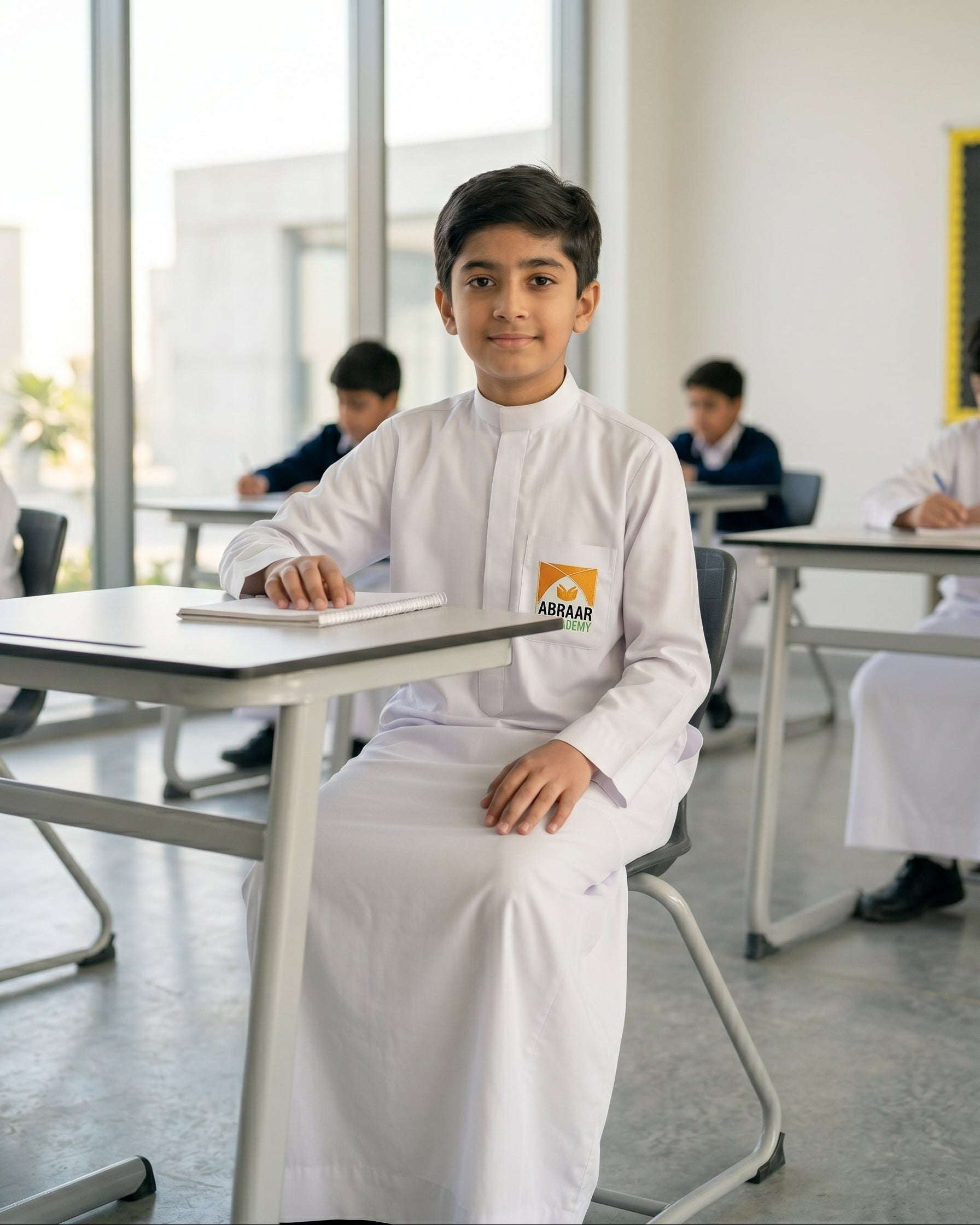 Official Abraar Academy white uniform thobe, worn by a model outdoors