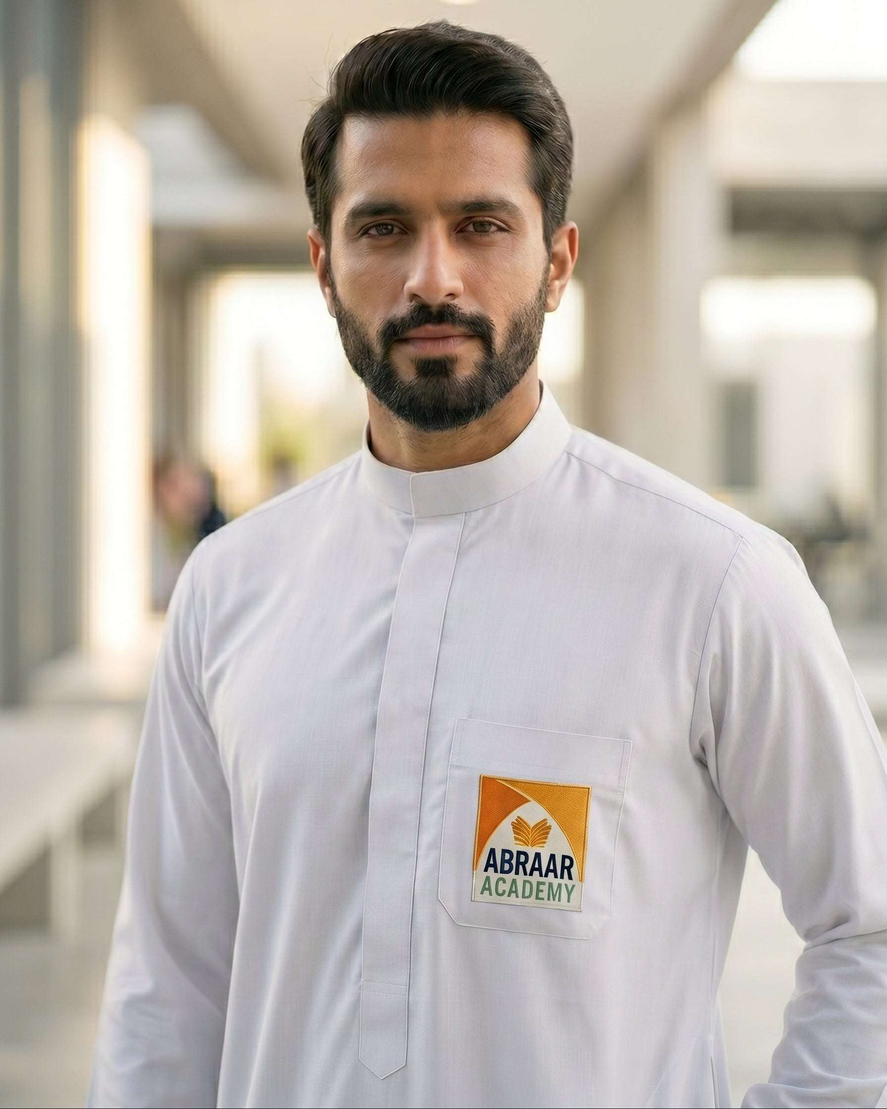Official Abraar Academy white uniform thobe, another view of the full length