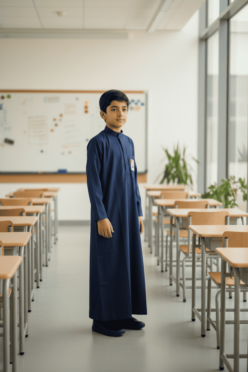 Full-length view of a student wearing the navy blue Abraar Academy uniform thobe, featuring a clean mandarin collar and custom school logo patch for modest Islamic school wear. the topiwala, bulk wholesale query, cotton, polyester, chicago USA. school uniforms.