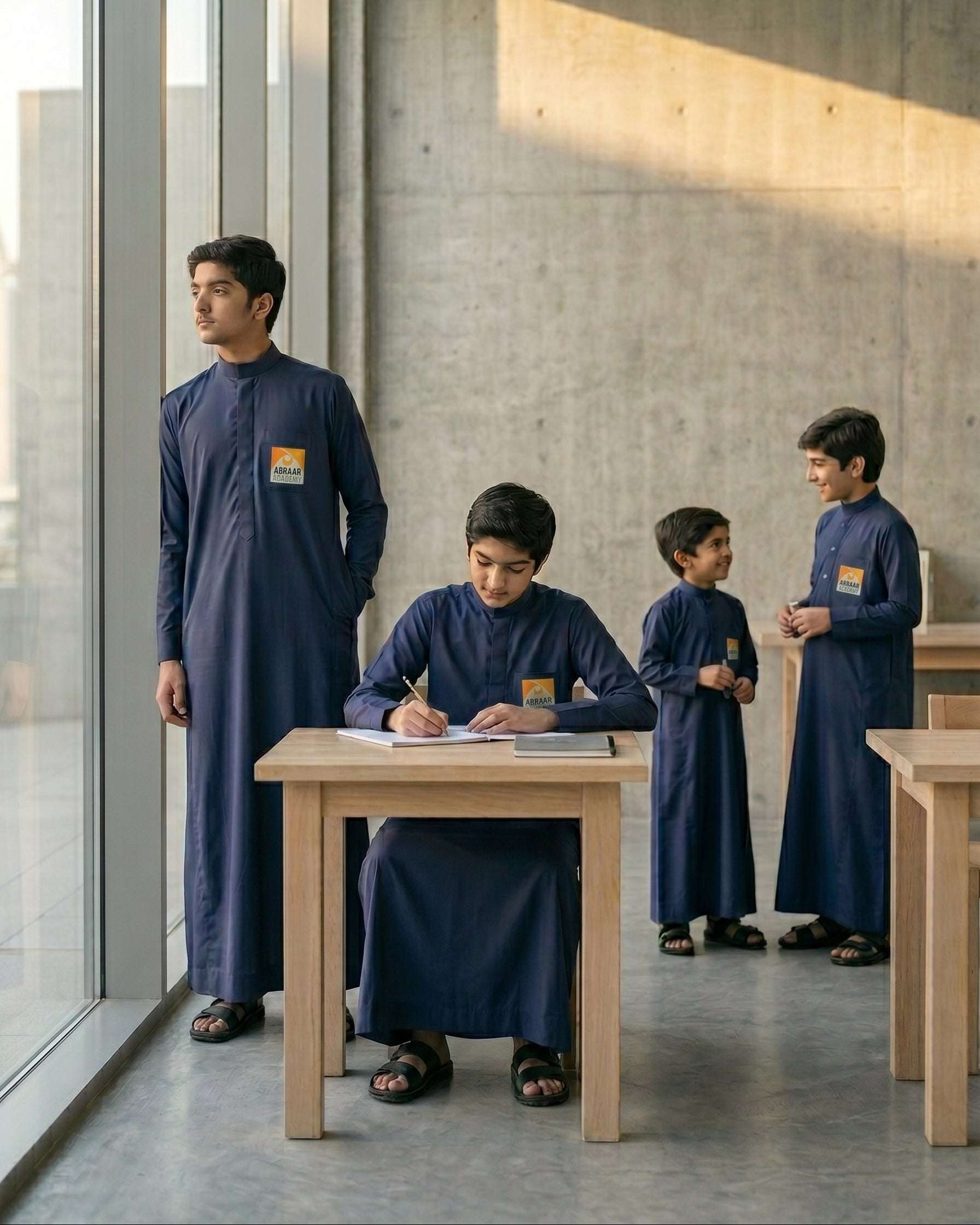 Group of students and a teacher wearing the official Abraar Academy navy blue uniform thobes, demonstrating available sizes for kids, boys, and men, high-quality Islamic school attire with embroidered logo.