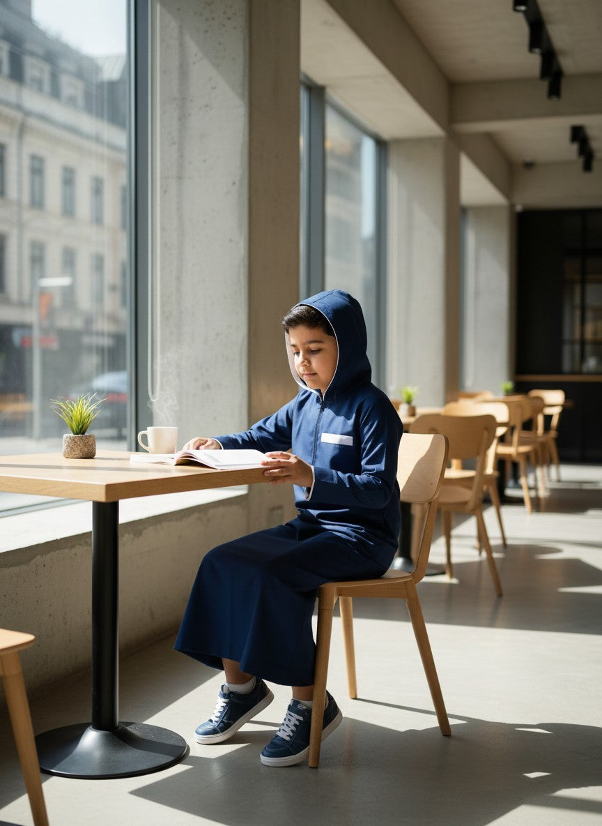 Young boy wearing the hood up on his navy blue thobe while reading a book at a cafe table. Cozy and modern Muslim kids lifestyle, premium hooded jubba for boys, contemporary Islamic streetwear, and comfortable everyday modest clothing.
