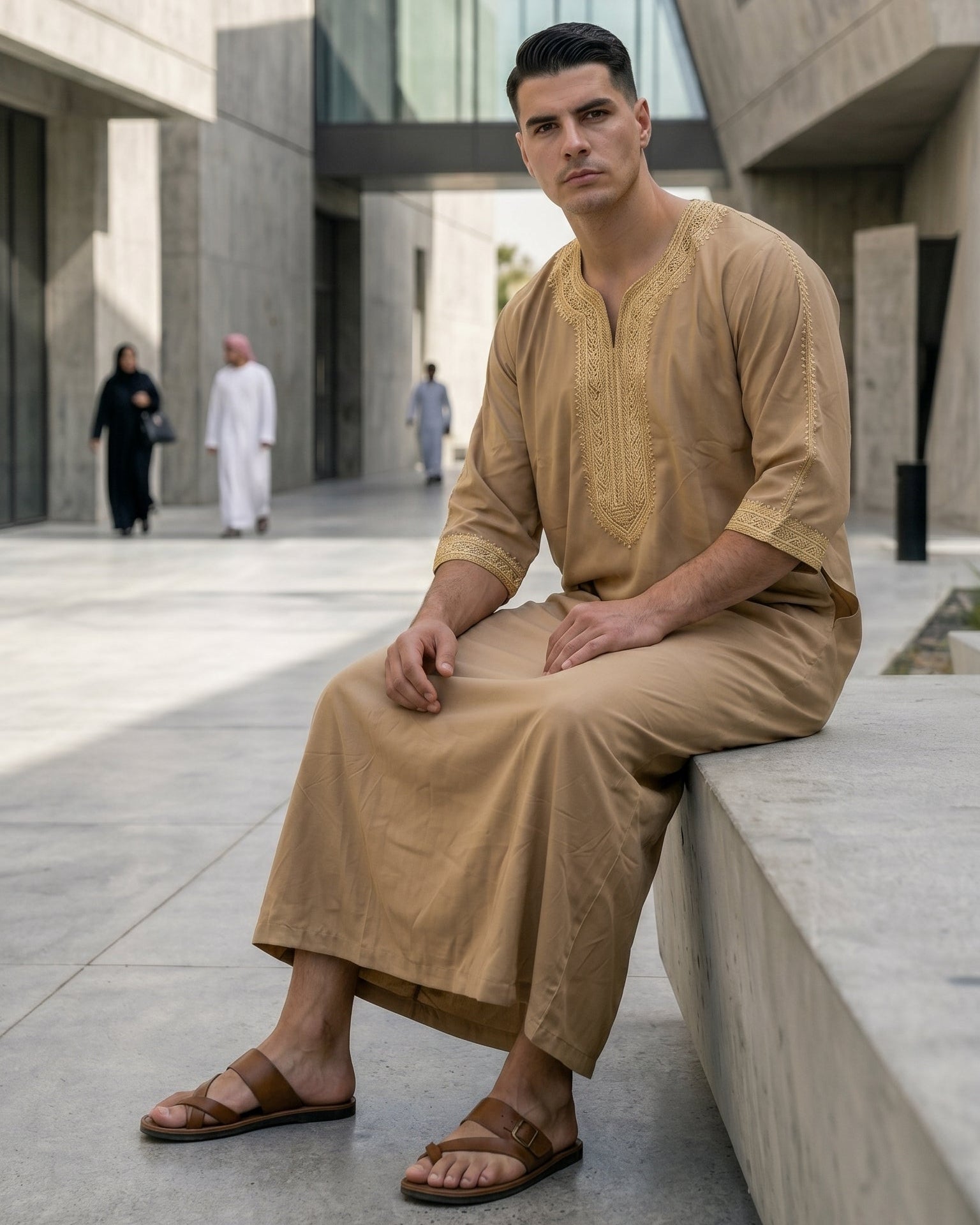 Authentic Moroccan style men's gandora in beige and gold, luxury Islamic menswear, modest apparel for Muslims, traditional Middle Eastern clothing, premium short sleeve thobe, best Eid clothing for men, modern modest wardrobe essentials, designer Arab menswear.