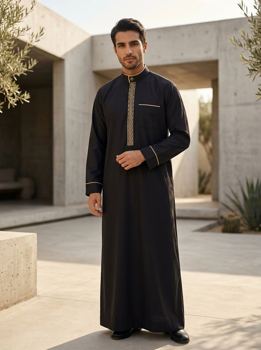 Premium Black Executive Thobe with Gold Embroidery