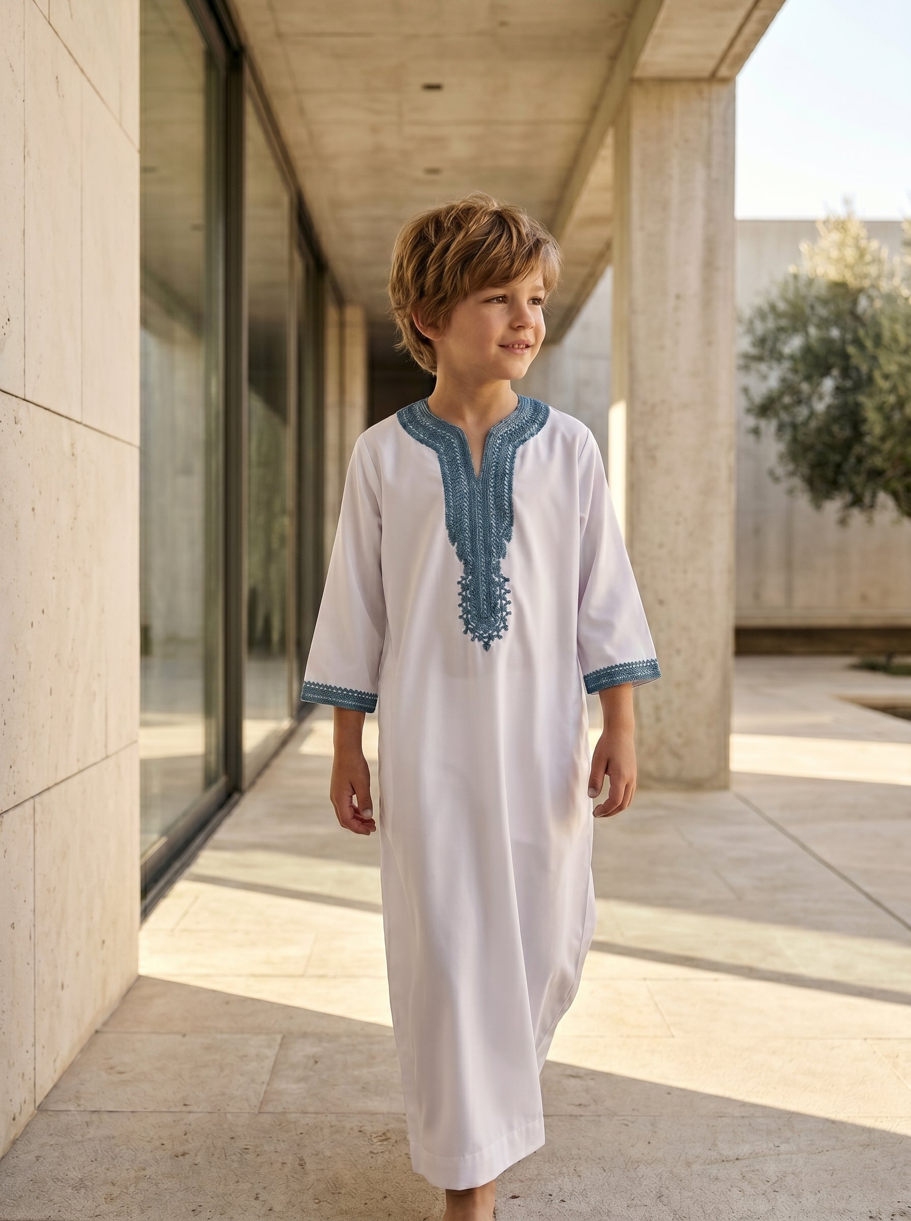 Boys' Premium White Moroccan Gandora with Teal Embroidery