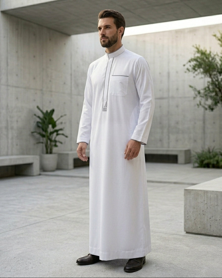 Authentic Moroccan style men's gandora in white and grey, luxury Islamic menswear, modest apparel for Muslims, formal Middle Eastern clothing, premium white executive thobe, best Eid clothing for men.
