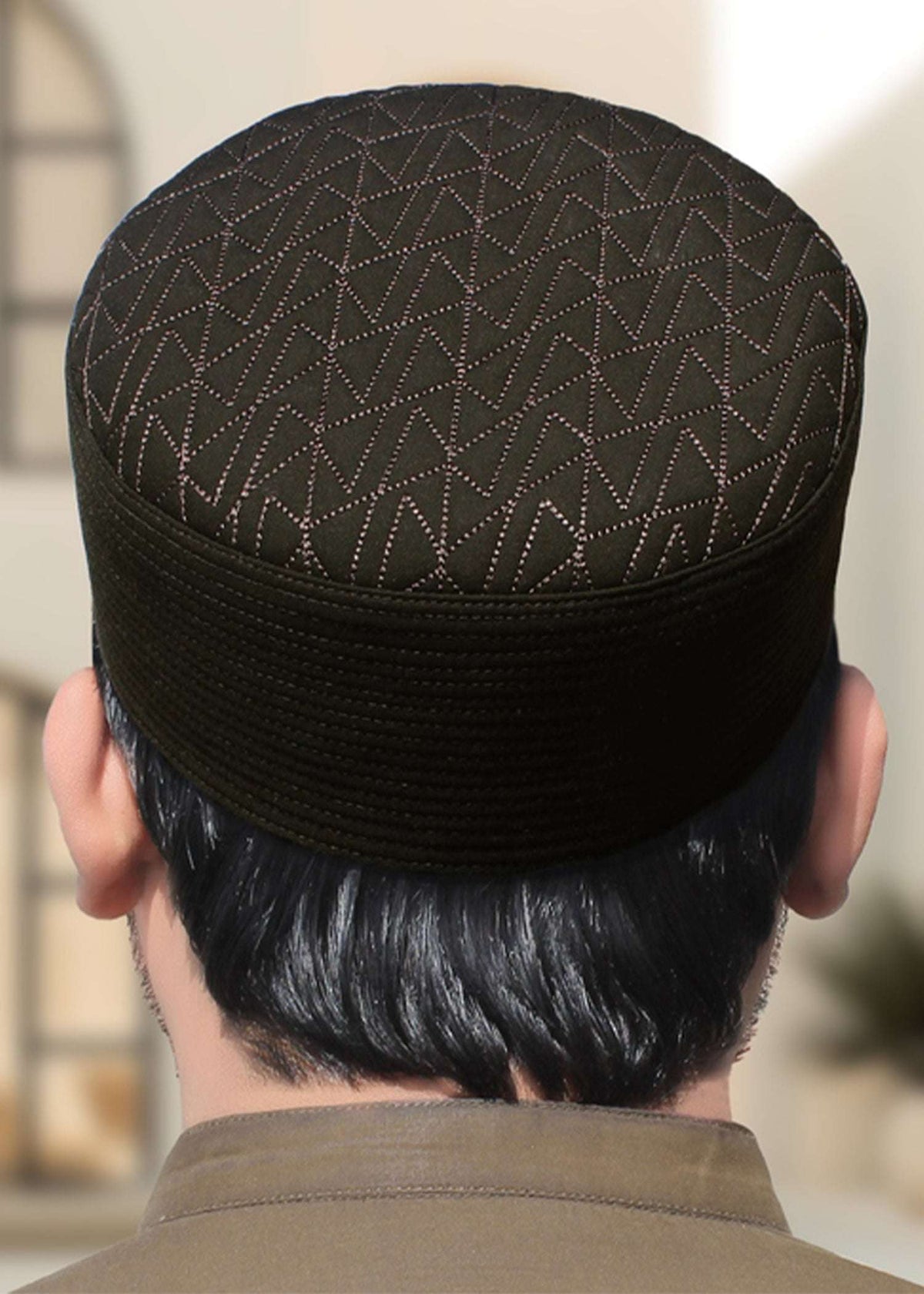 Chevron quilted structured kufi prayer cap for men, worn for daily salah