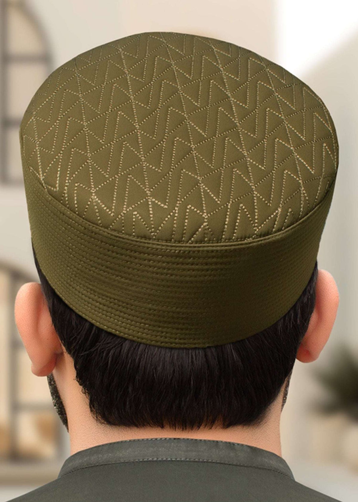 Chevron quilted structured kufi prayer cap for men, stitched surface in close detail