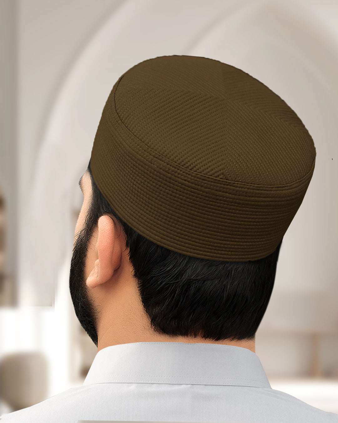 Smoky ash structured kufi prayer cap for men, shown from behind