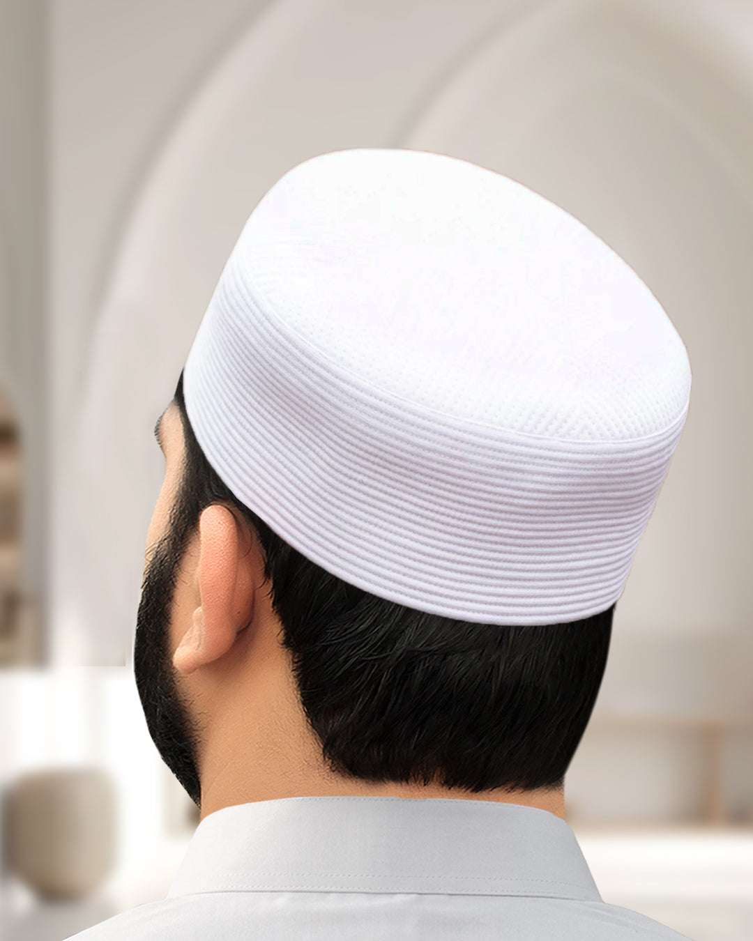 White structured kufi prayer cap for men, fabric weave in close detail