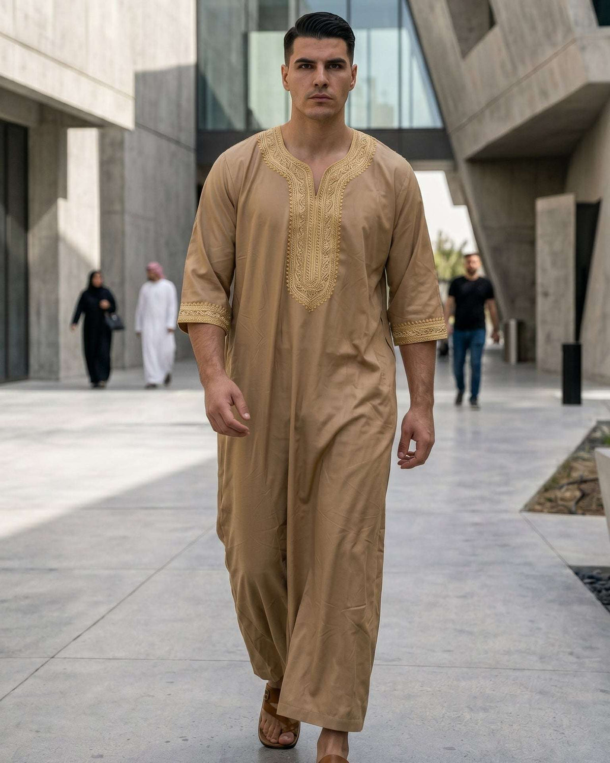 Beige Moroccan thobe with gold embroidery for men, full front view