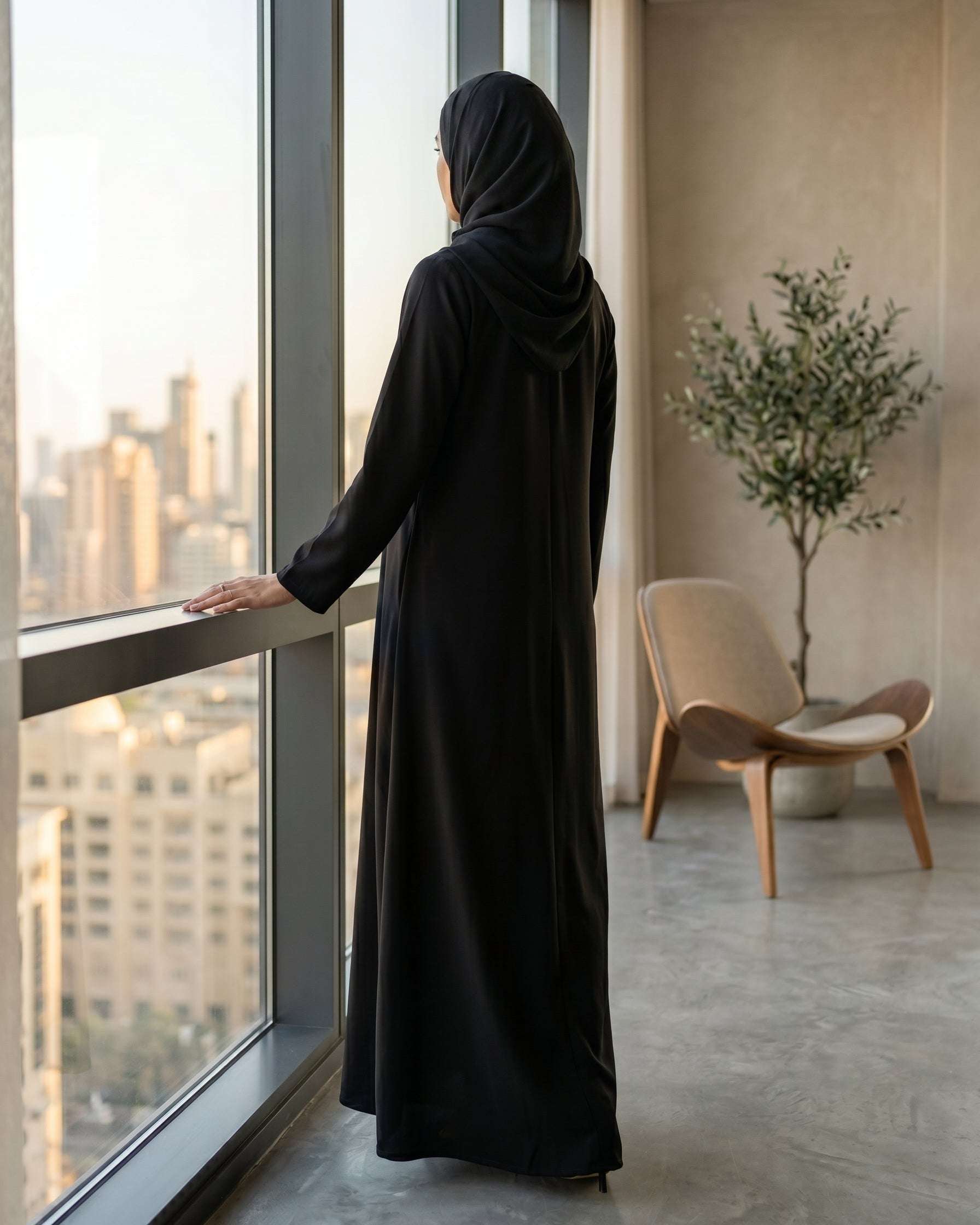 Back and side view of a woman wearing the official black abaya school uniform, showcasing a convenient zippered side pocket and comfortable modest drape for girls and women.