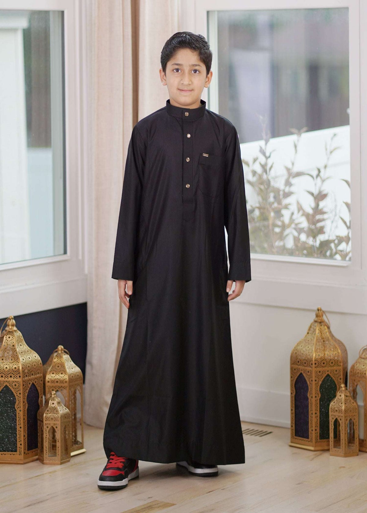 Black thobe for boys, full front view, made for Eid and Jumuah