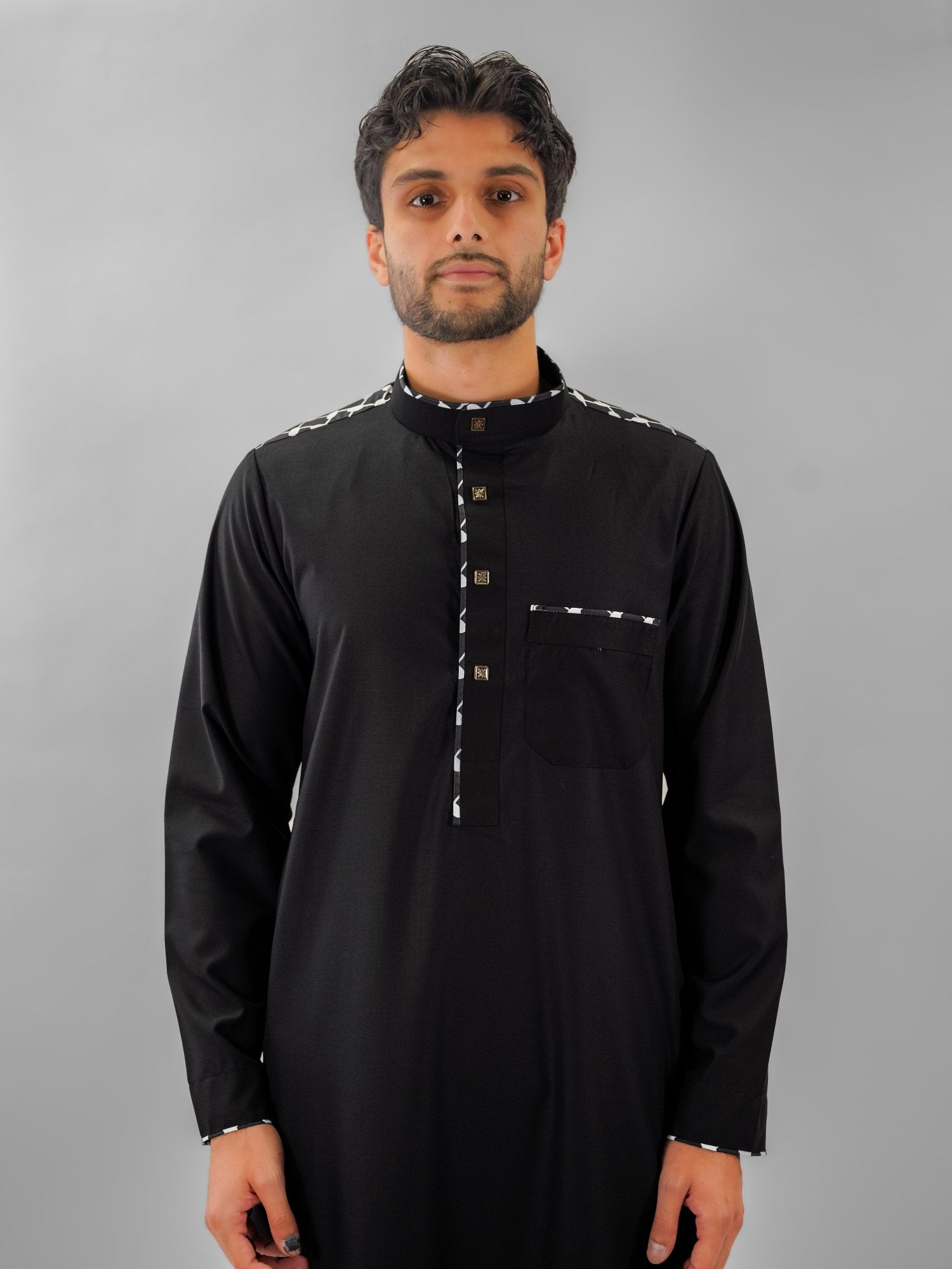 Black embroidered mandarin collar thobe for men, close-up of the collar and buttons