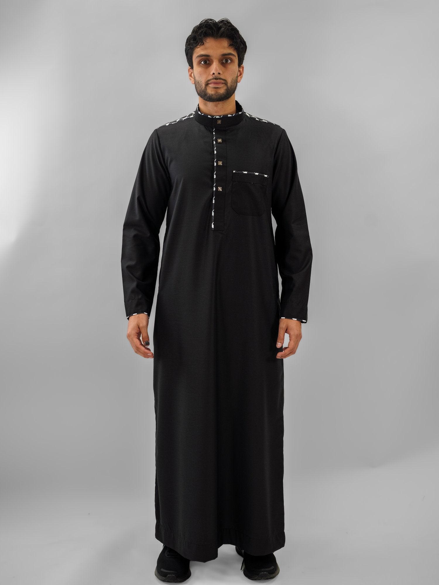 Black embroidered mandarin collar thobe for men, full front view