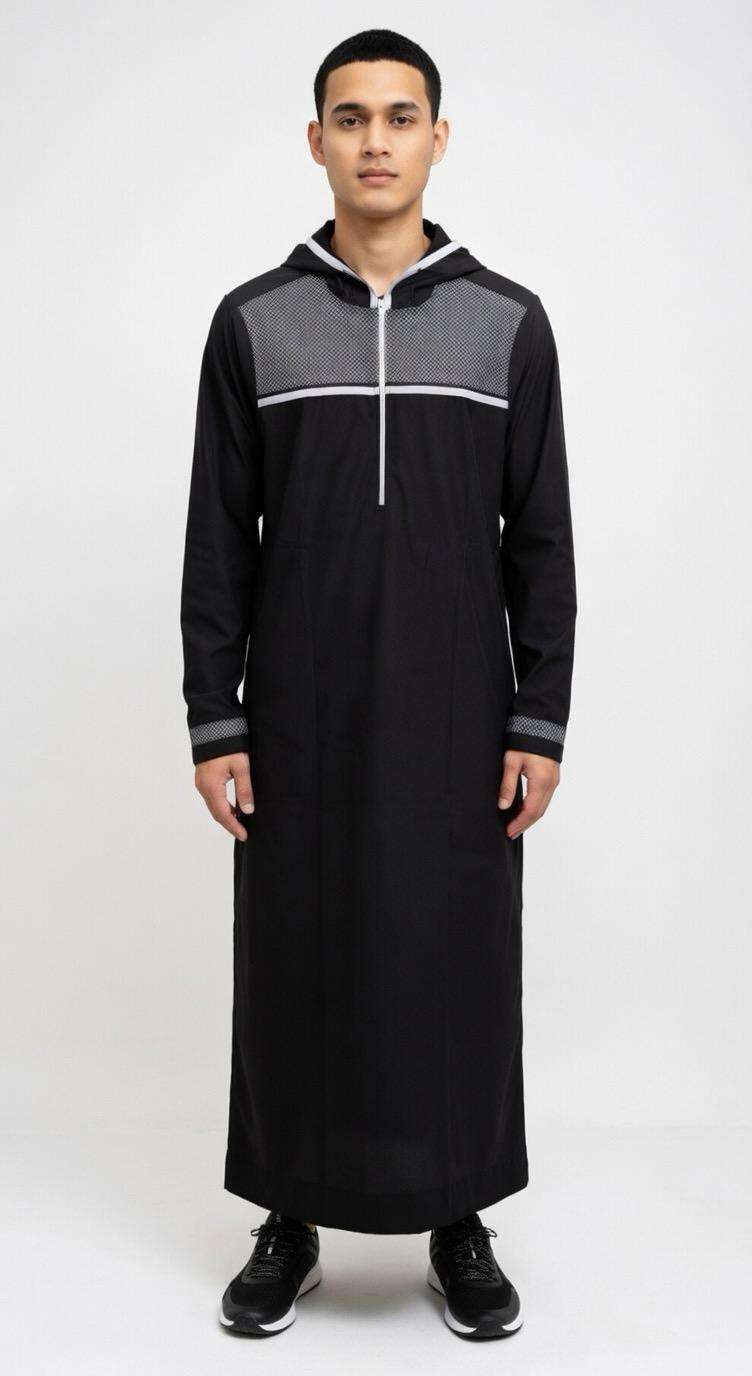 Black geometric panel hooded thobe with half-zip for men, full front view