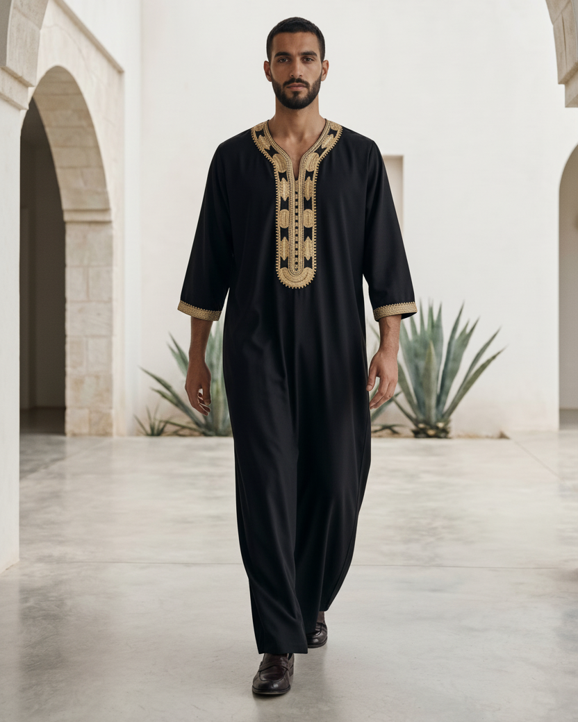 Elegant black men's thobe with bold gold traditional embroidery, premium modest fashion, comfortable Friday prayer clothes, stylish Muslim men's apparel, high-quality Moroccan jubbah, designer Islamic garments, affordable Sunnah clothing.