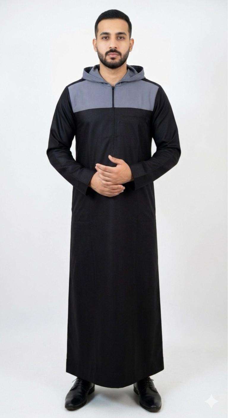 Black and grey hooded thobe with color block half-zip for men, full front view