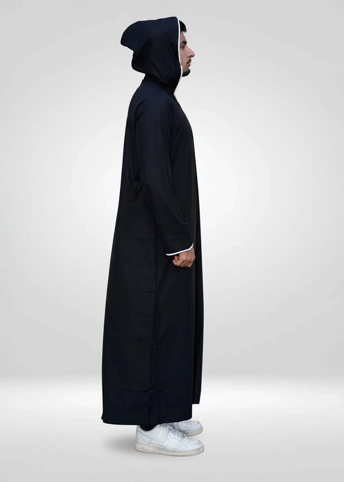 Black hooded thobe with sporty trim for men, back view