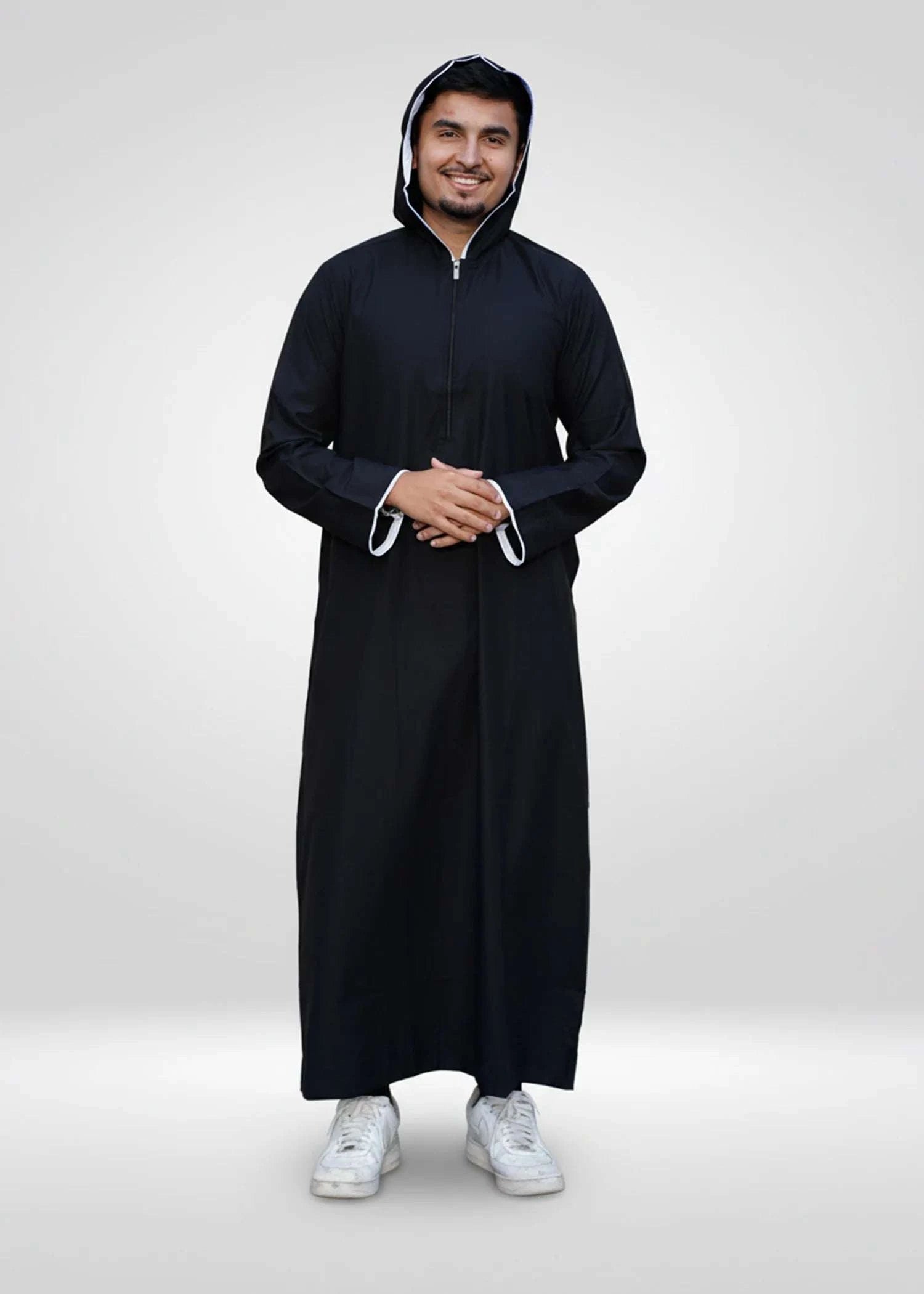Black hooded thobe with sporty trim for men, close-up of the sleeve cuff