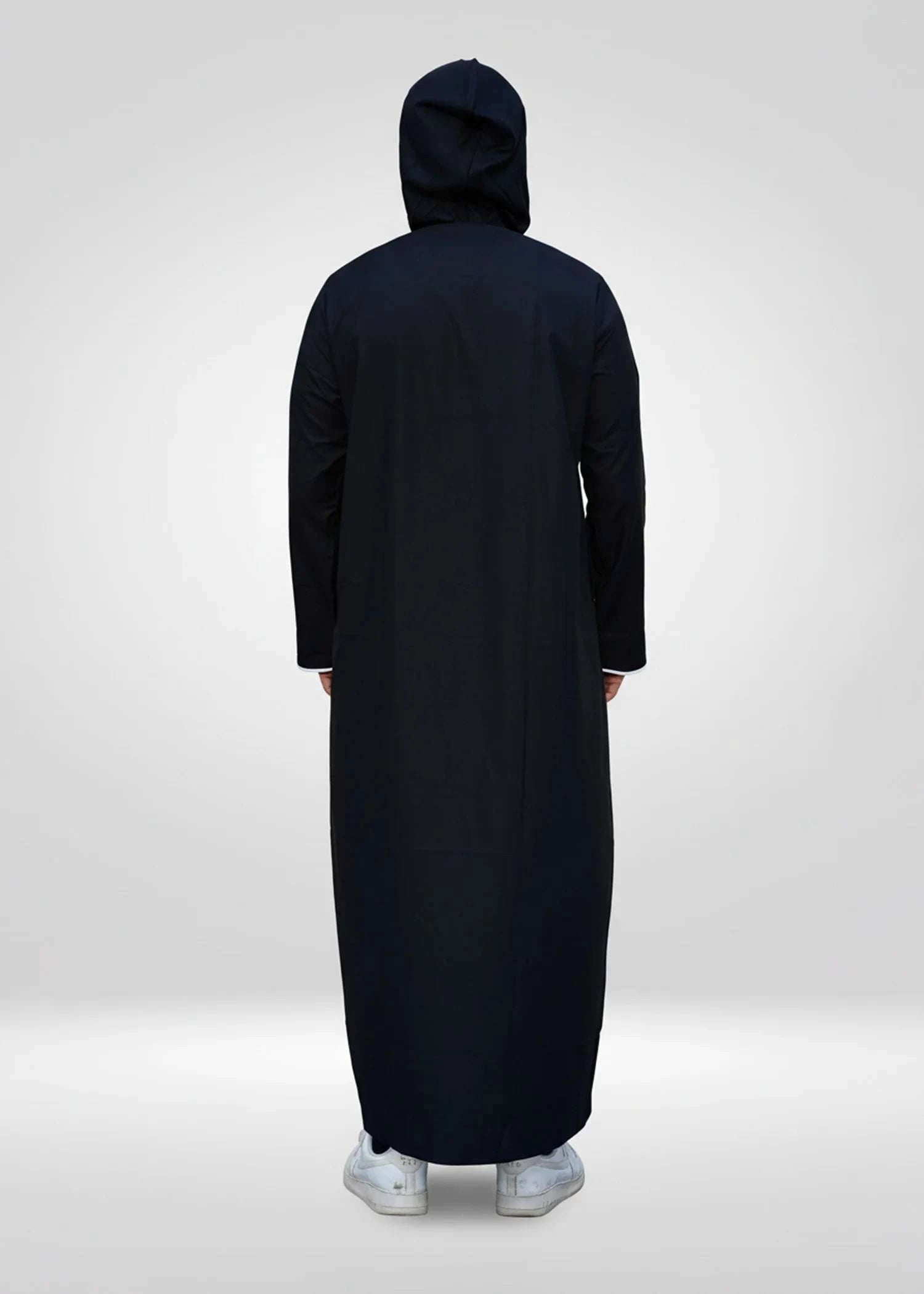 Black hooded thobe with sporty trim for men, hood and drawstring in detail
