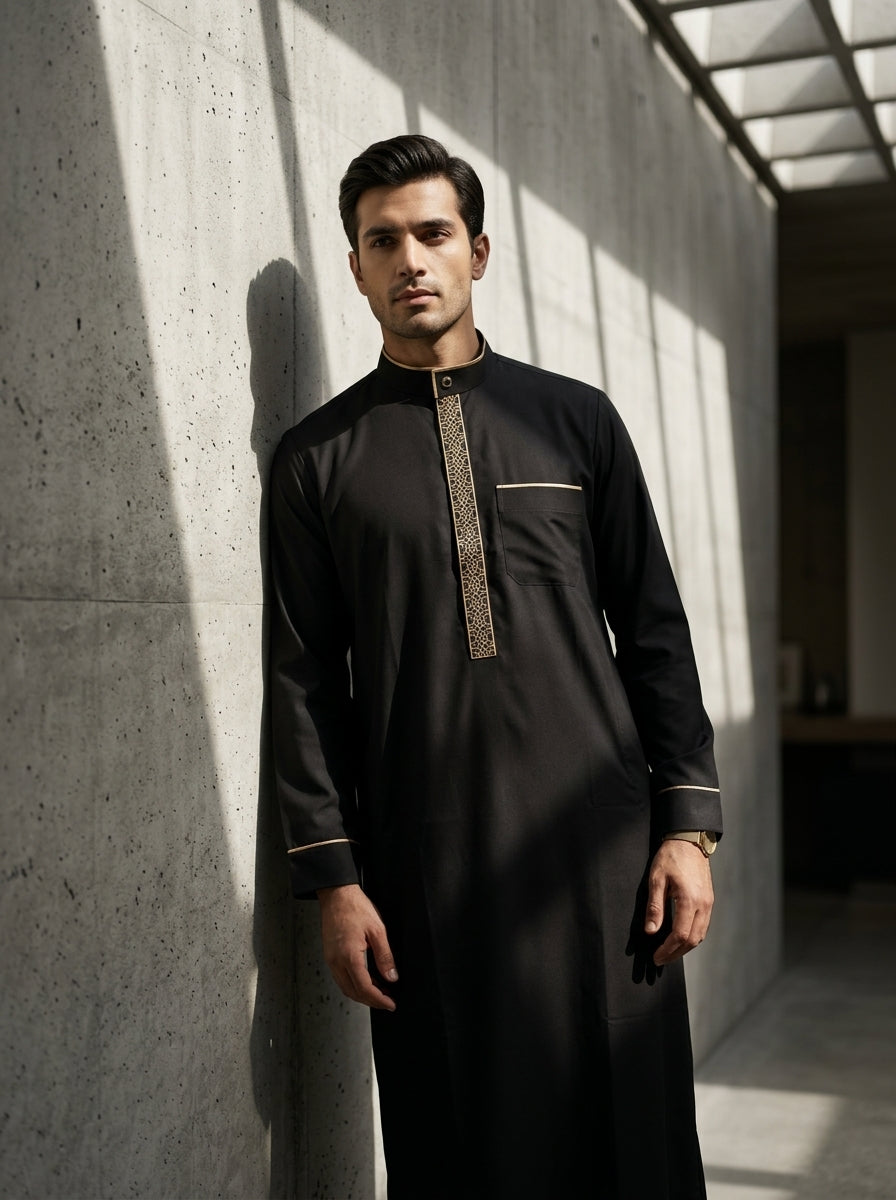 Premium Black Executive Thobe with Gold Embroidery