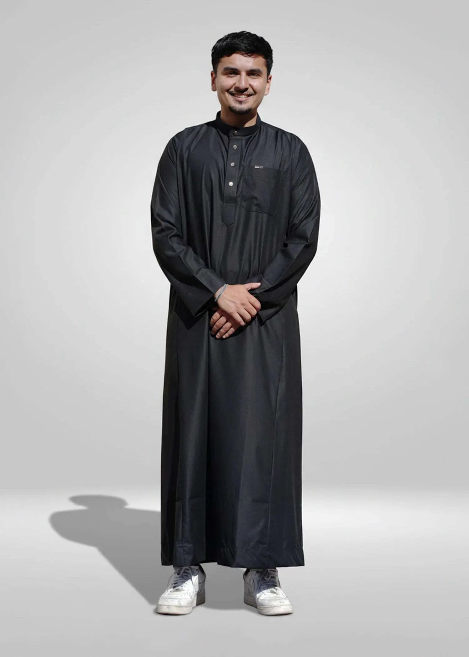 Black thobe with mandarin collar for men, full front view