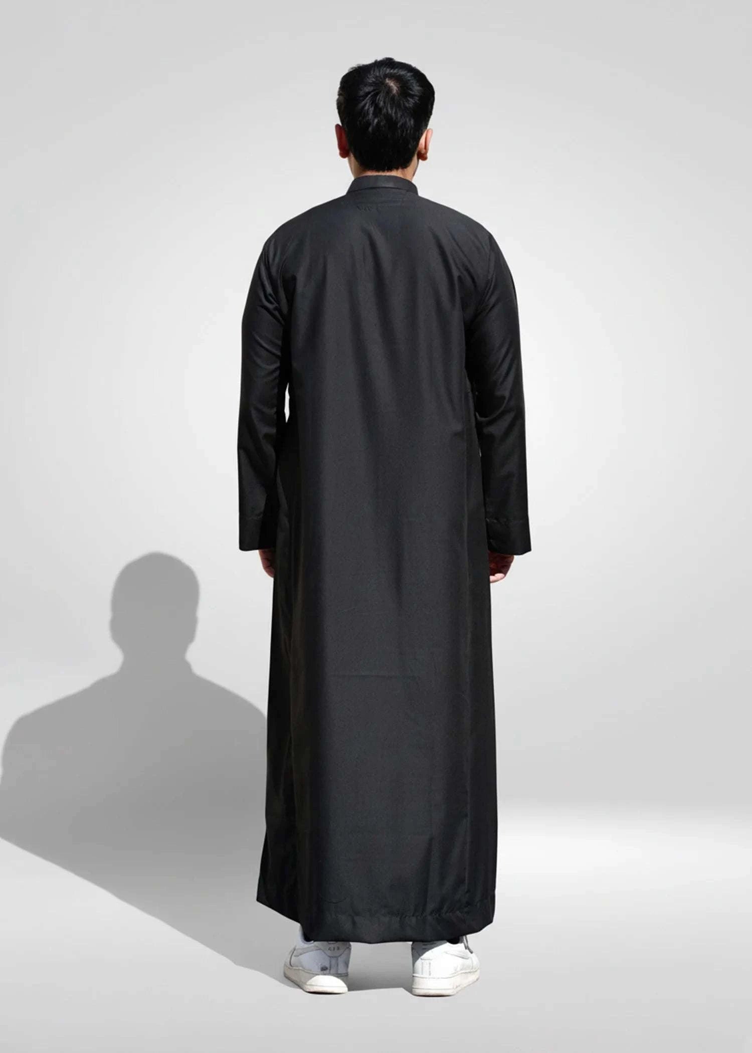 Black thobe with mandarin collar for men, shown from the front
