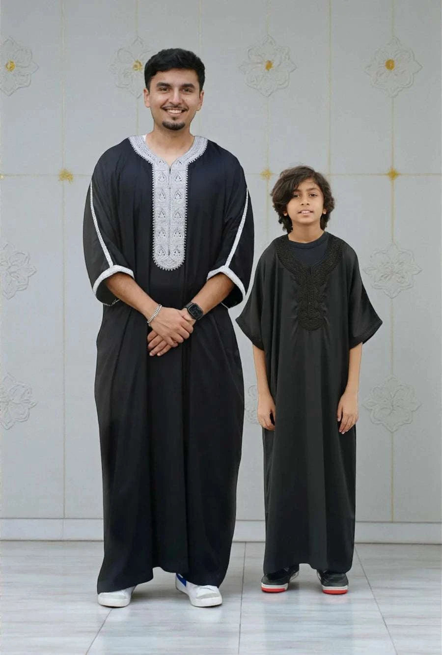 Black Moroccan thobe for men, father and son matching set