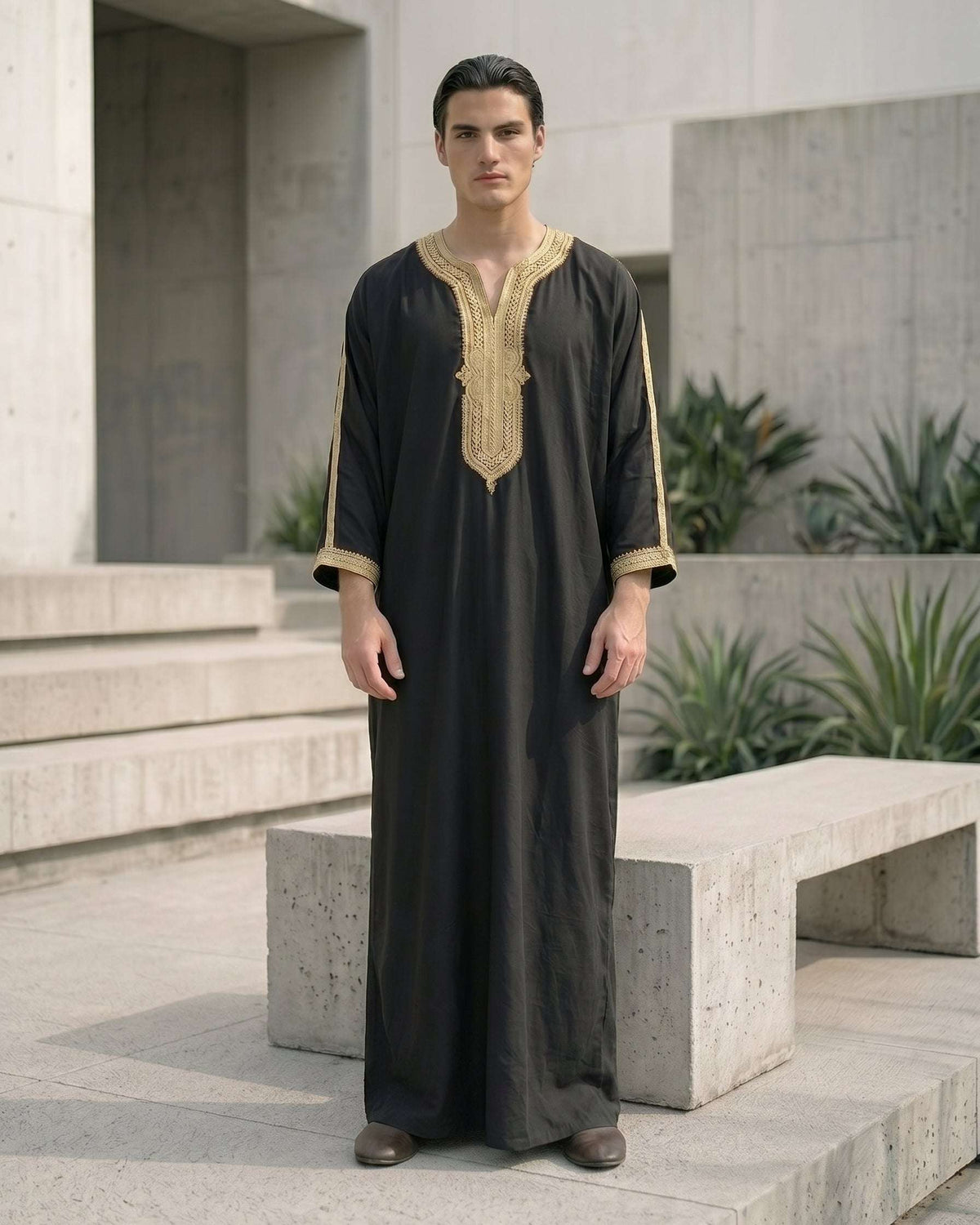 Black Moroccan thobe with gold embroidery for men, full front view