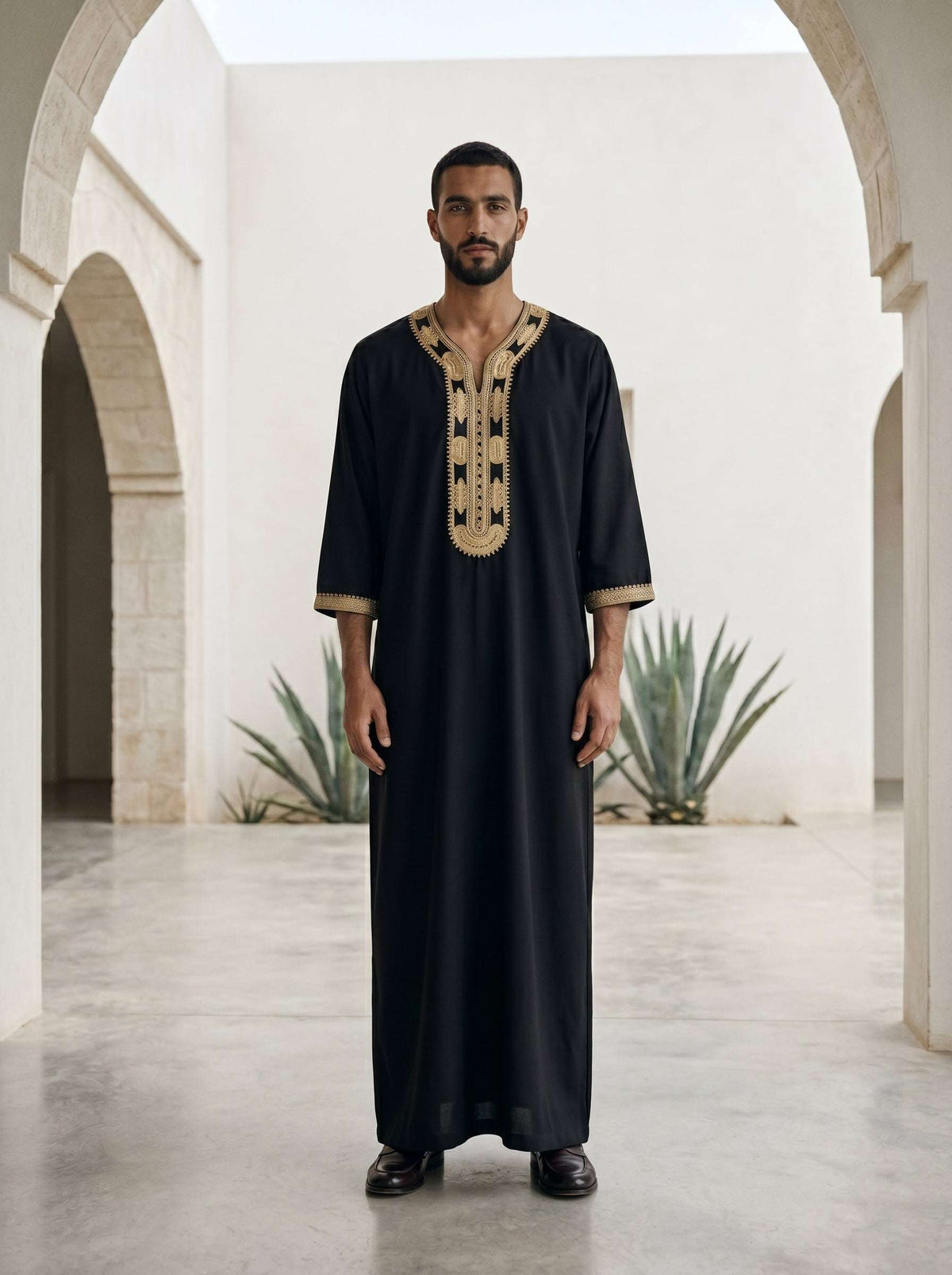 Black Moroccan thobe with gold panel embroidery for men, full front view