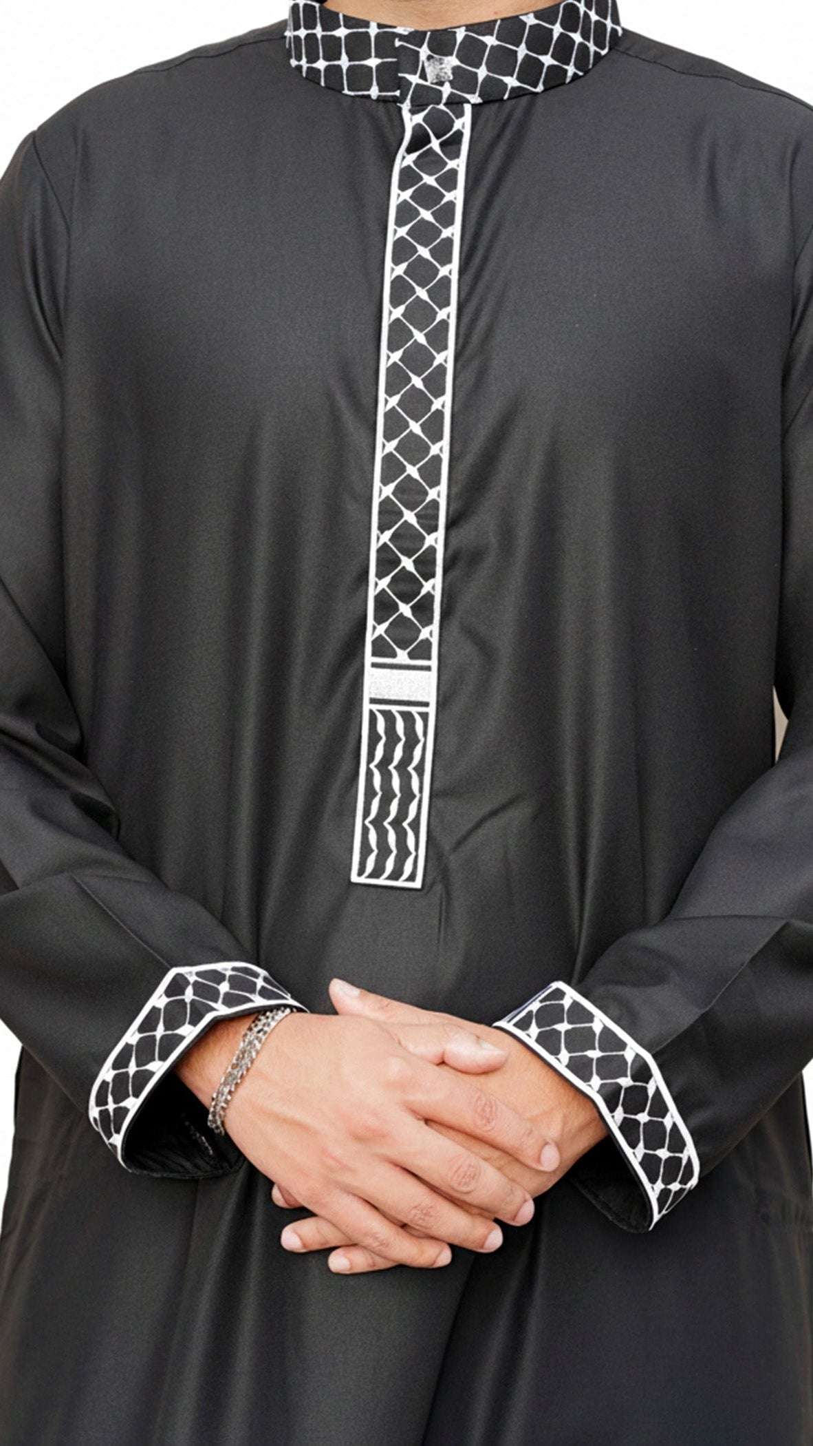 Black Palestine embroidered thobe with mandarin collar for men, close-up of the sleeve cuff