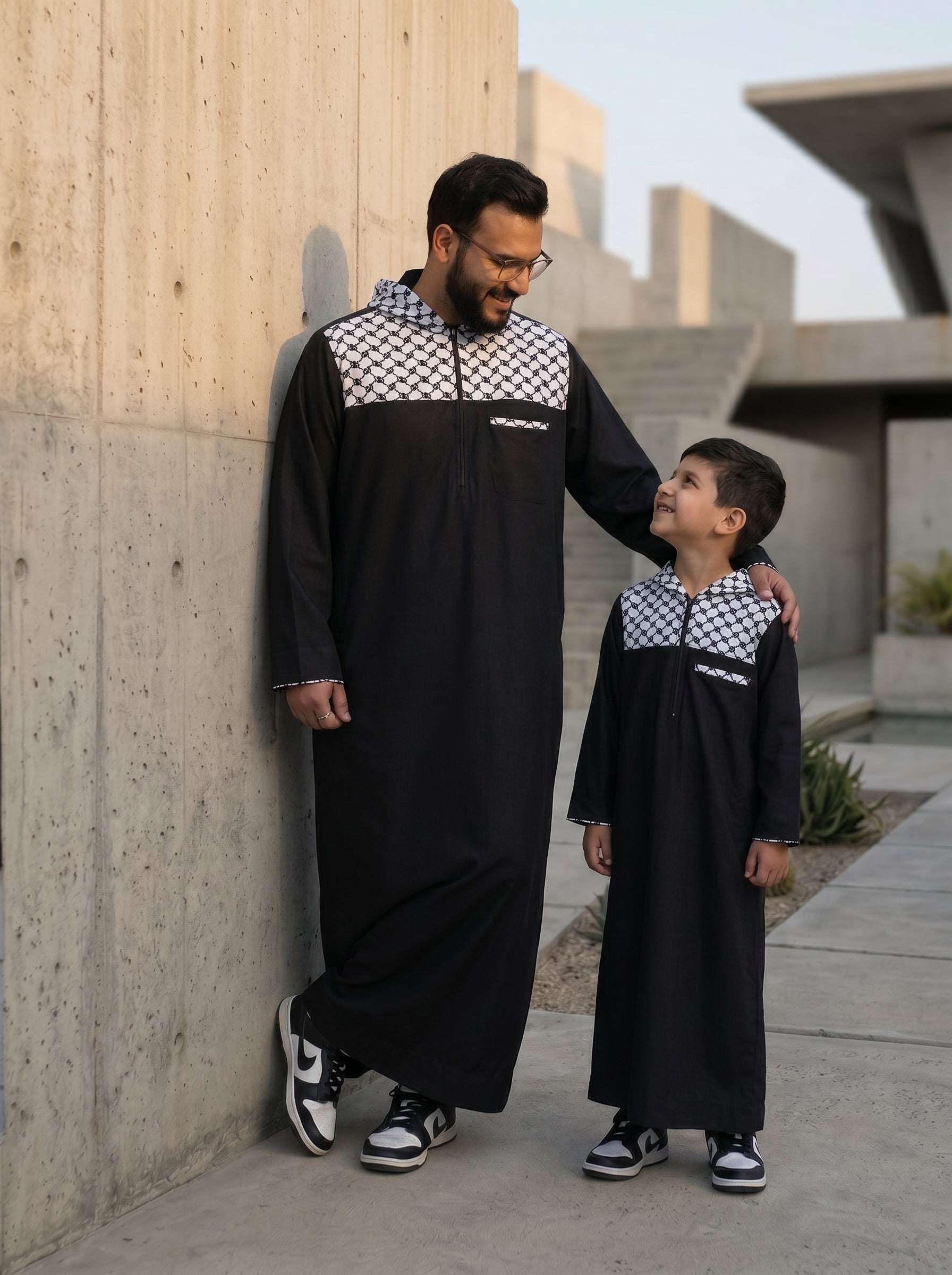 Black Palestine hoodie thobe for men and boys, father and son matching set