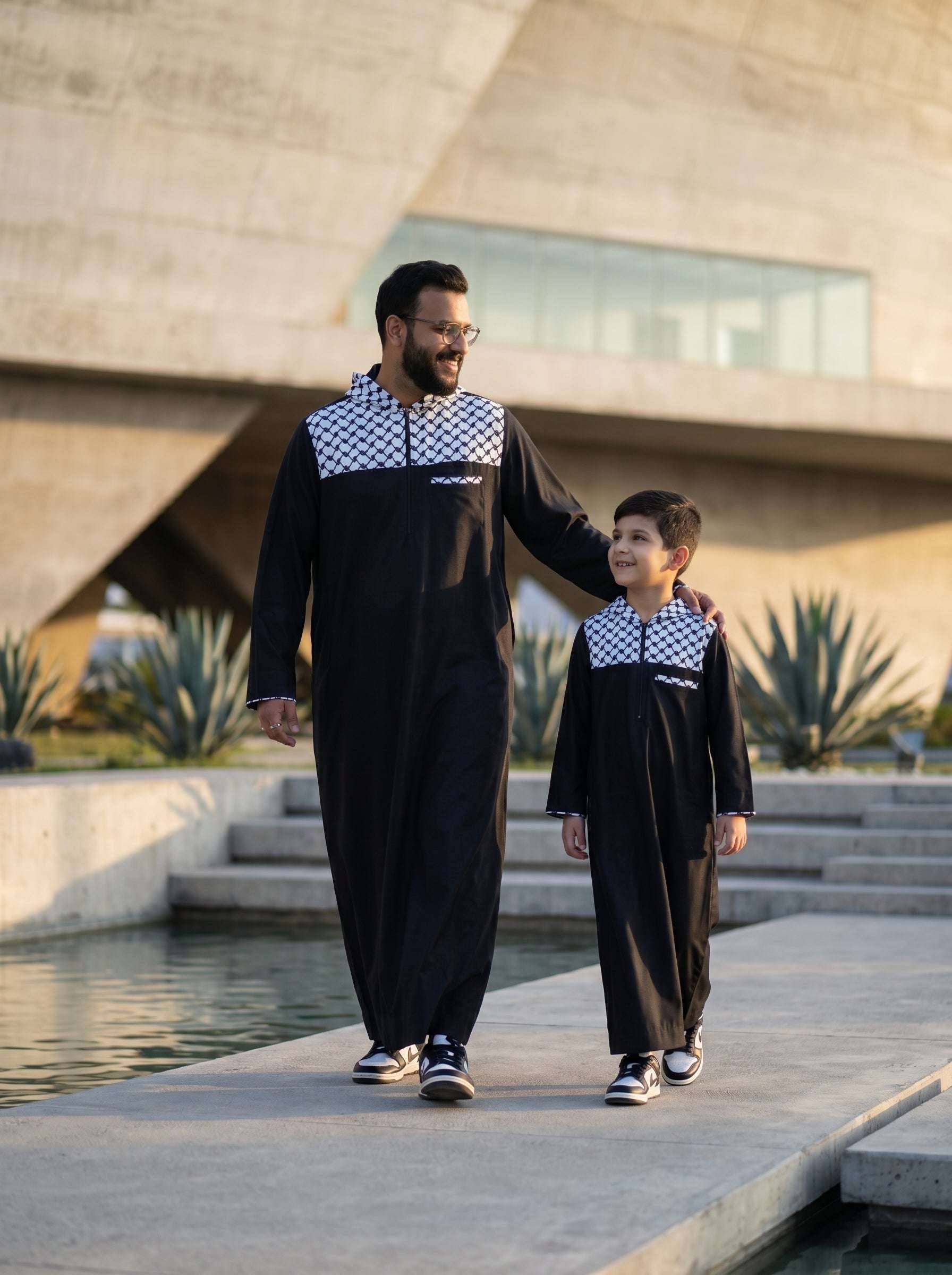 Black Palestine hoodie thobe for men and boys, matching adult and kids sizes