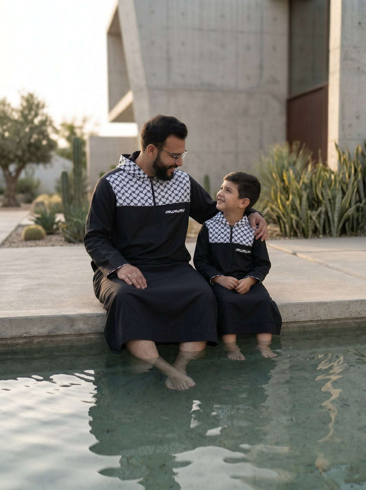 Black Palestine hoodie thobe for men and boys, father and son pair