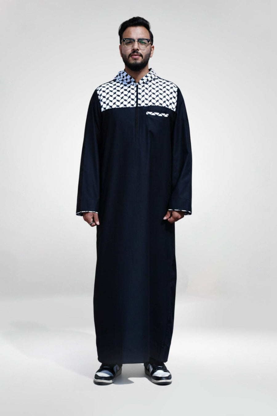 Front view of the Black Palestine Hoodie Thobe showing the kufiya pattern and modern streetwear style
