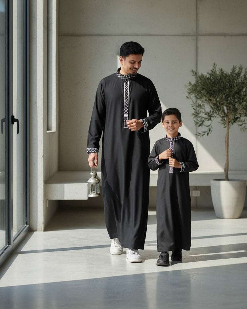 Black Palestine Kufiya thobe for men and boys, father and son matching set
